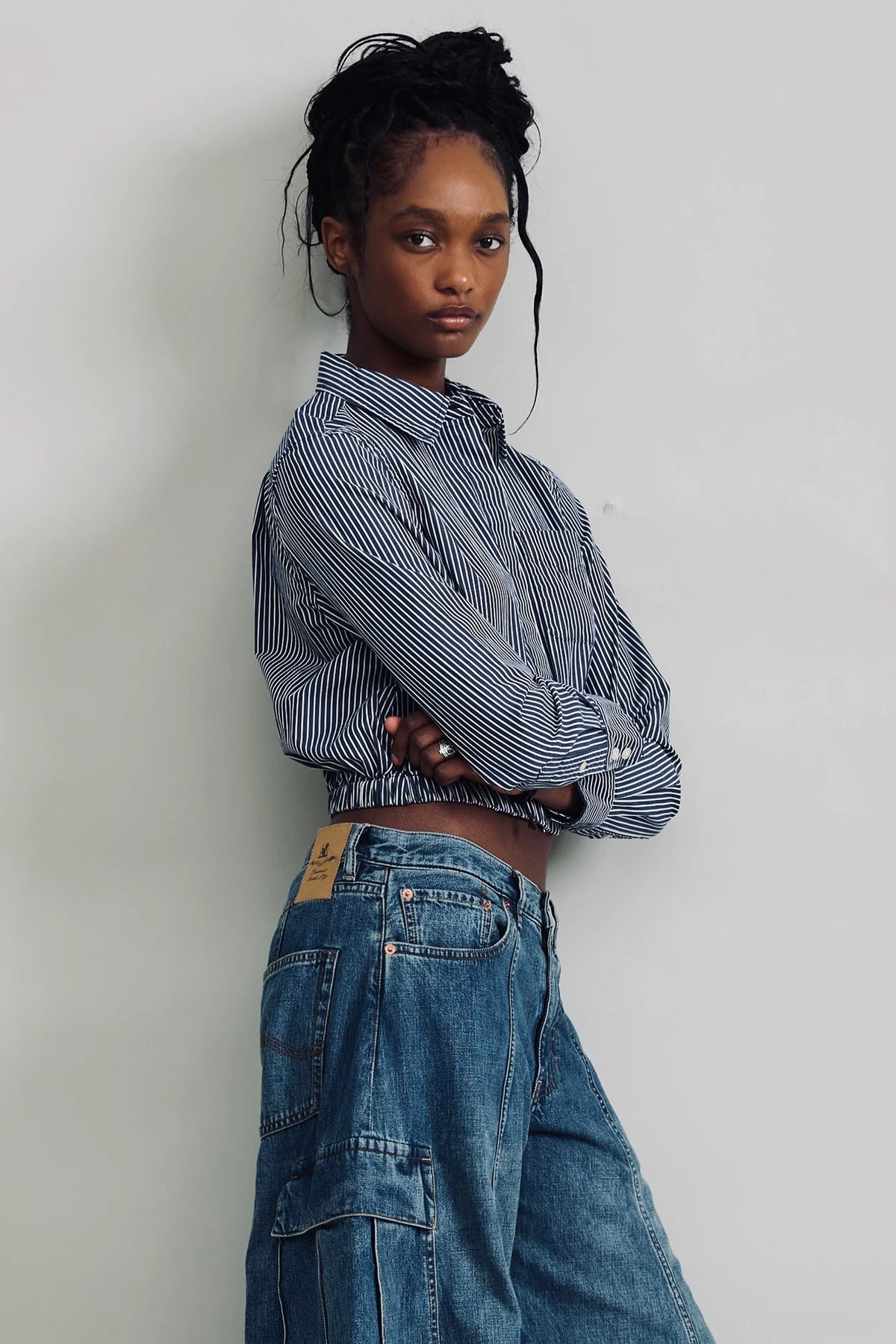 Denimist cropped elastic waist shirt in white styled with blue jeans, Bungalow Furniture & Accessories, casual look.