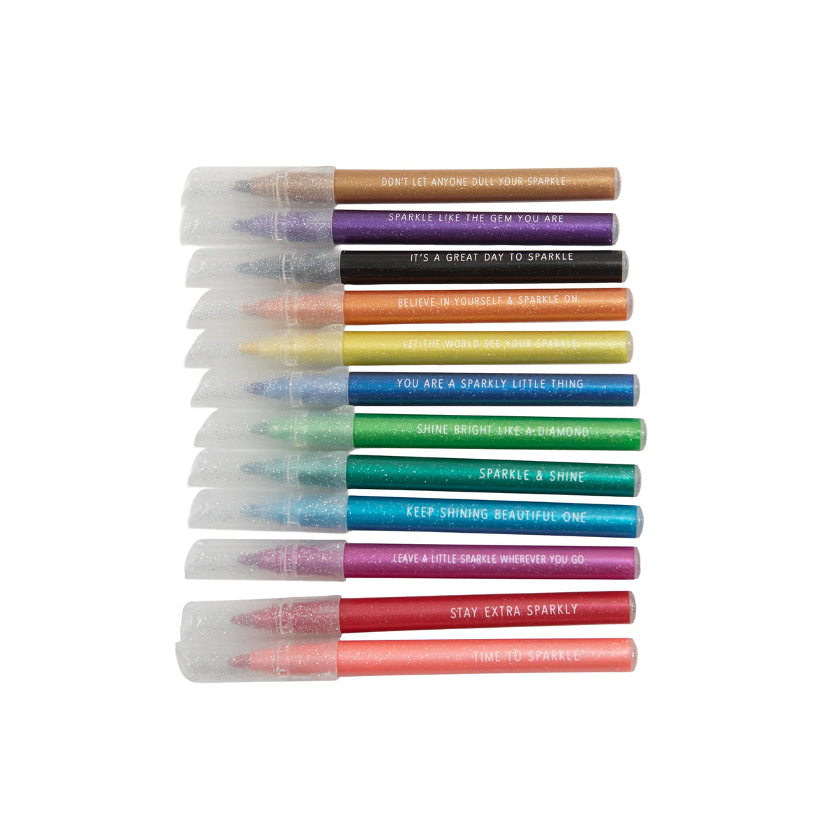 Sugarboo Designs Glitter Markers 12 count: a set of vibrant shimmering markers, each with an inspiring phrase on the barrel—perfect for journaling and creative projects. Arranged in a neat stack on a white background.