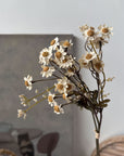 The Faire 13'' Faux Daisies Floral Bunch features small white and yellow daisies with a dried look, set in focus against a softly blurred, neutral background with subtle shapes and hints of furniture.