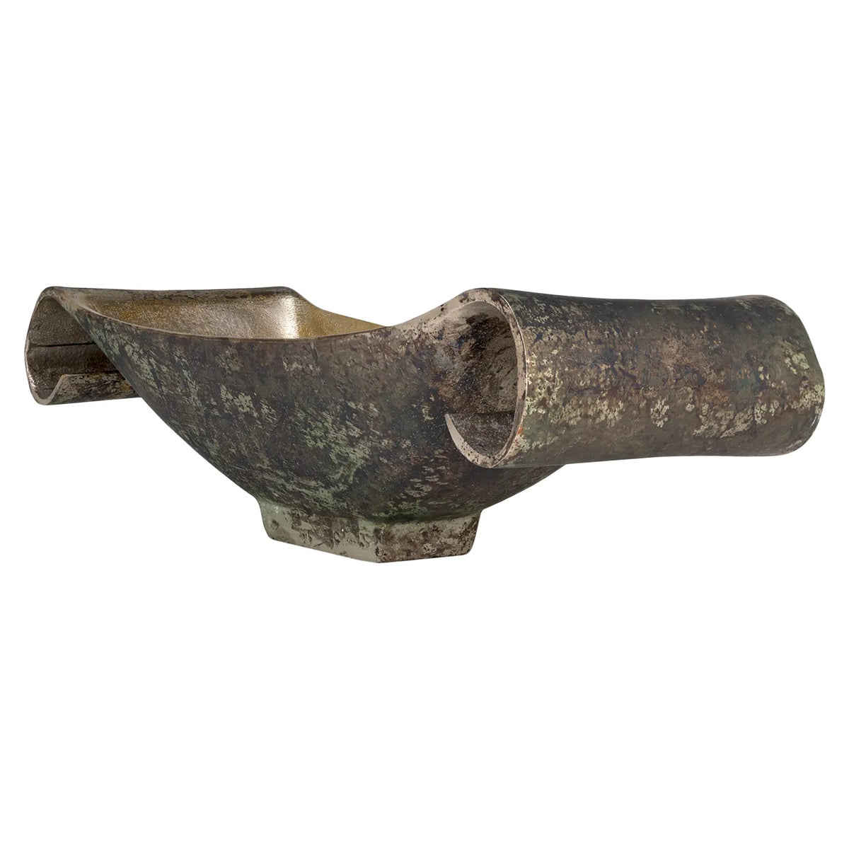 Hallix Tray, an oval decorative cast aluminum tray with a weathered metallic finish and curled ends.