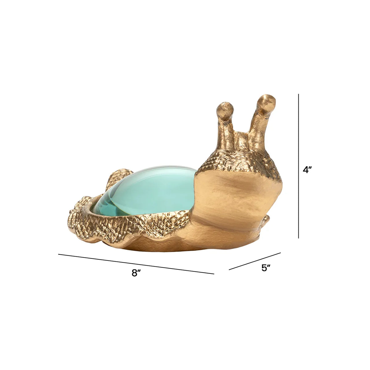 Gold snail-shaped Kasden magnifying glass with glass lens and labeled dimensions.