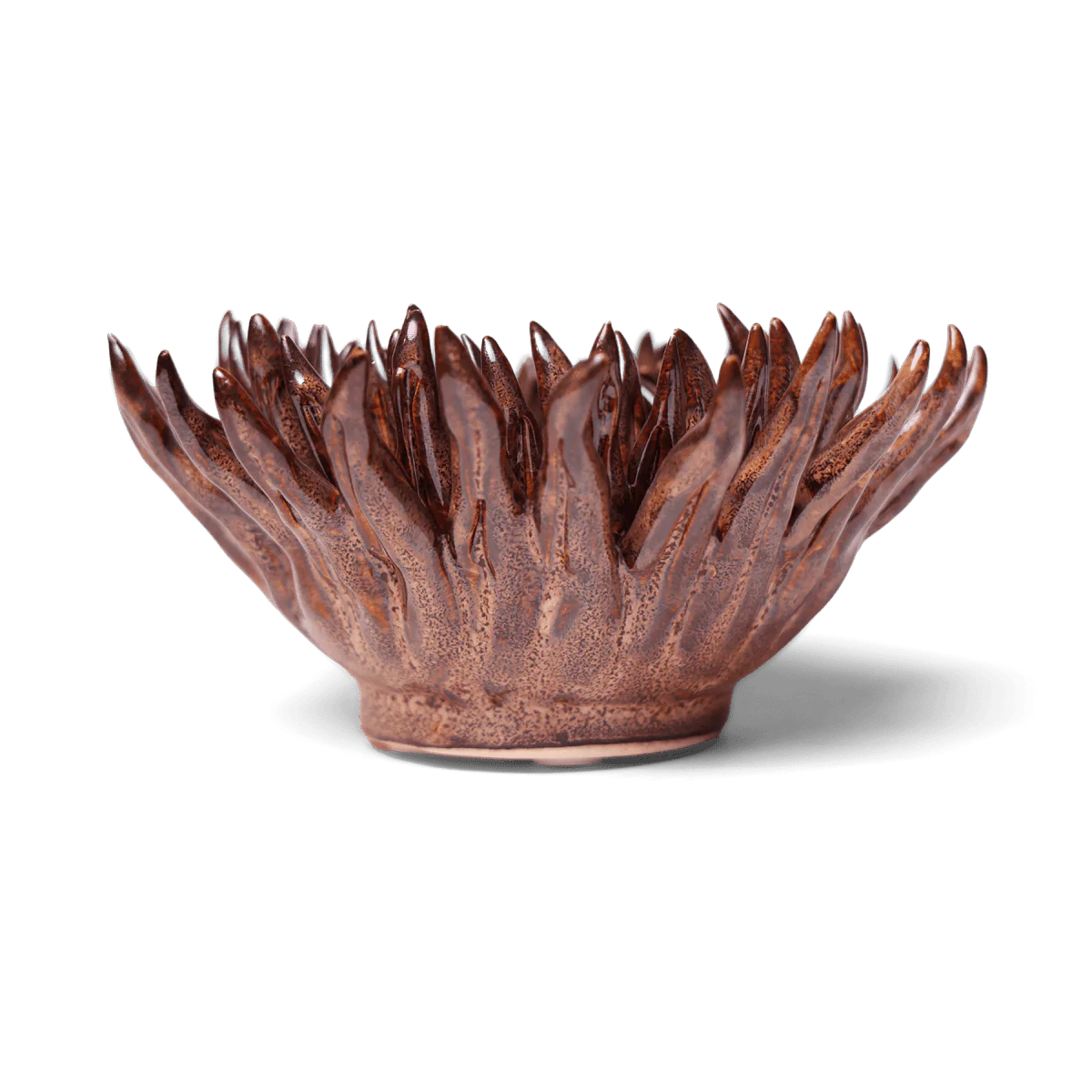 Chocolate Mum ceramic flower in a brown, blooming flower-shaped bowl with textured, pointed petals by Bungalow.