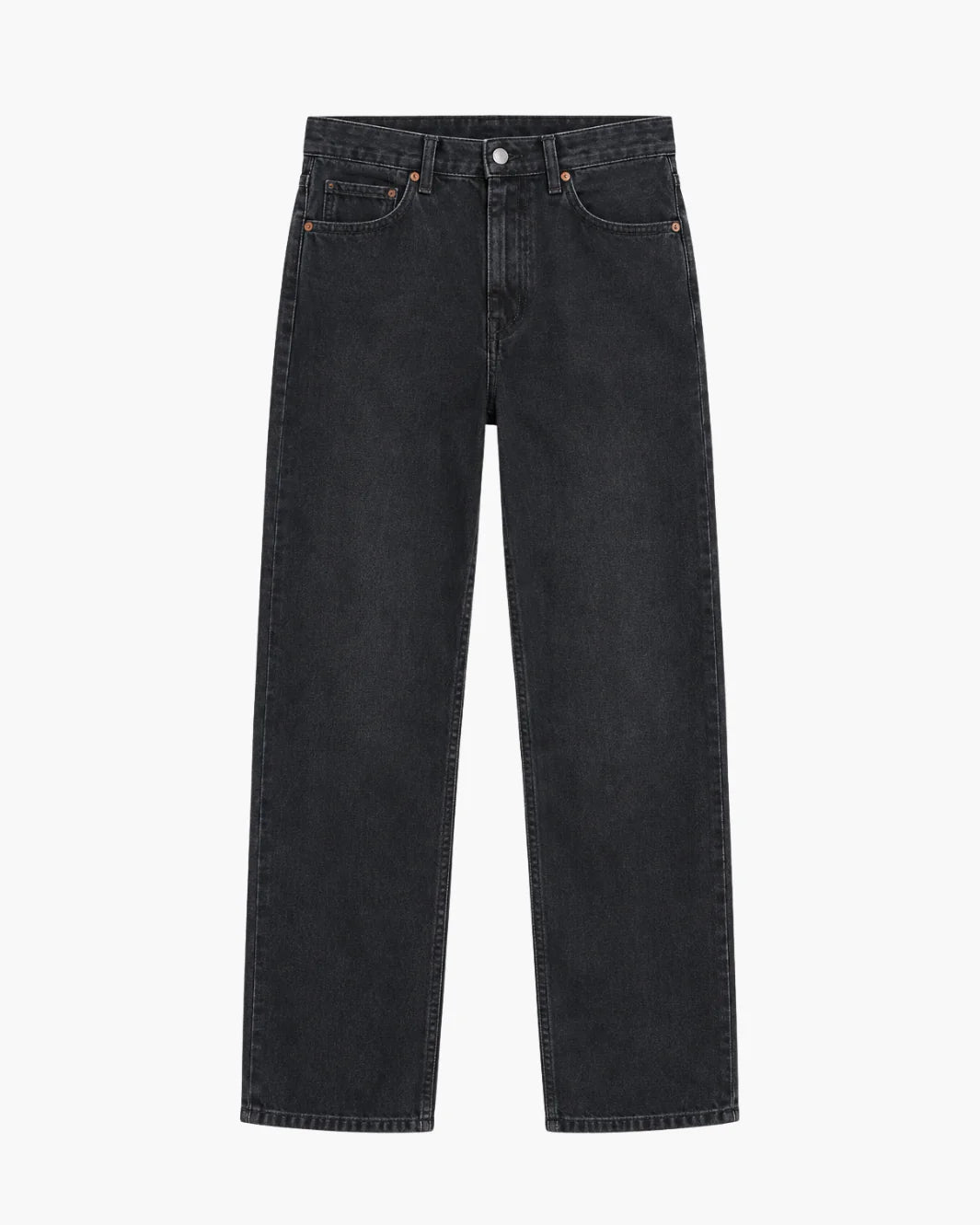 Black straight-leg, high-waist denim jeans by Denimist, rigid cotton; five-pocket style laid flat on white background.