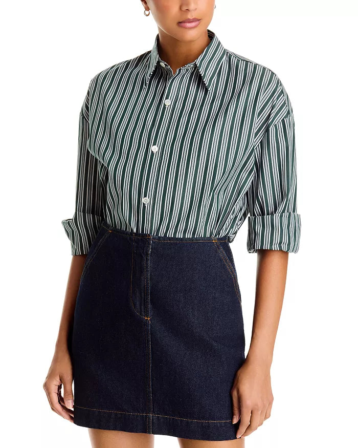 Cissa Mr Big Shirt in hunter stripe with adjustable cuffs, paired with a dark denim skirt from Bungalow Furniture.
