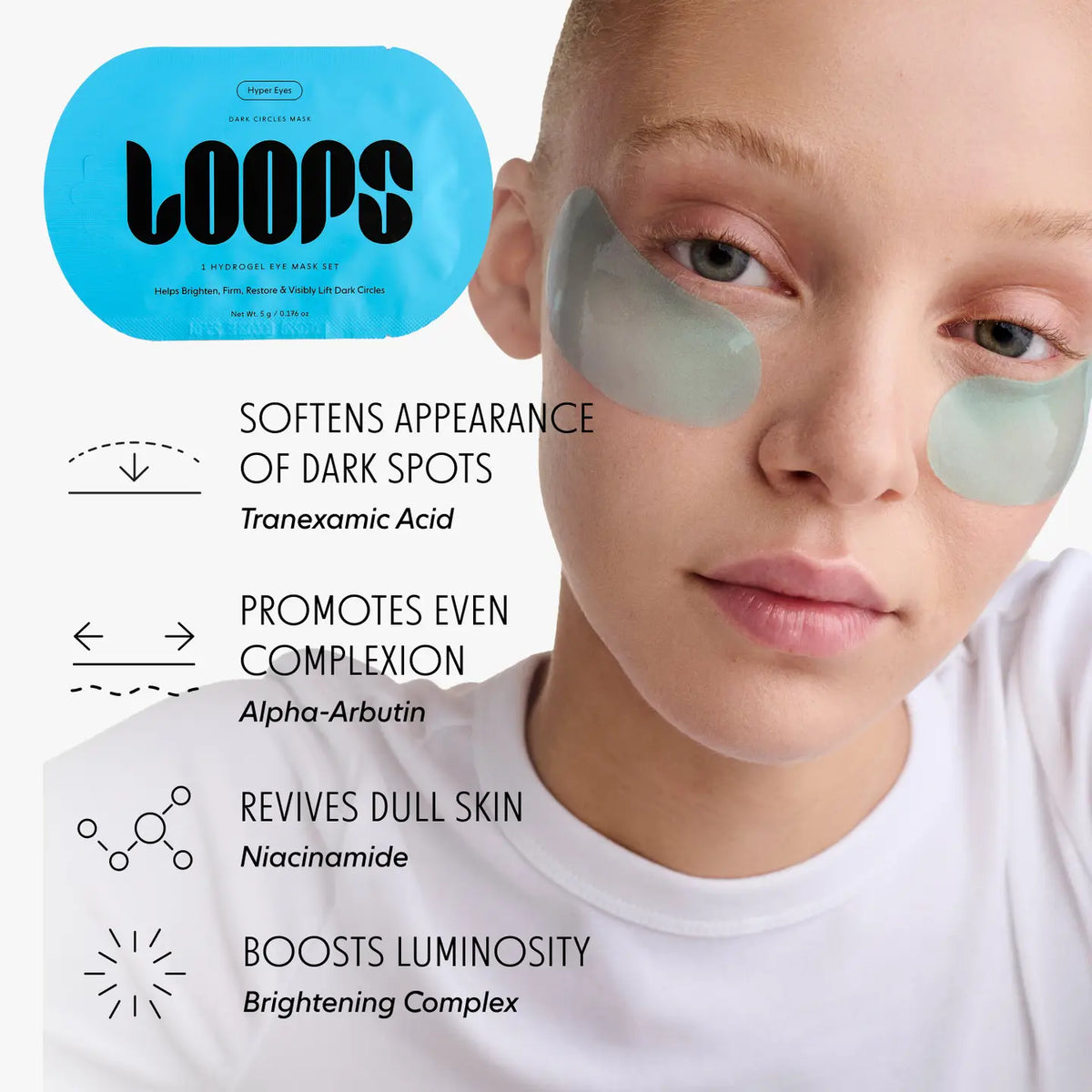 A person wears translucent under-eye masks beside a blue Faire Hyper Eyes Mask. Text highlights benefits: depuff, soften dark spots, even complexion, revive dull skin, and brighten eyes for an instant under-eye refresh.