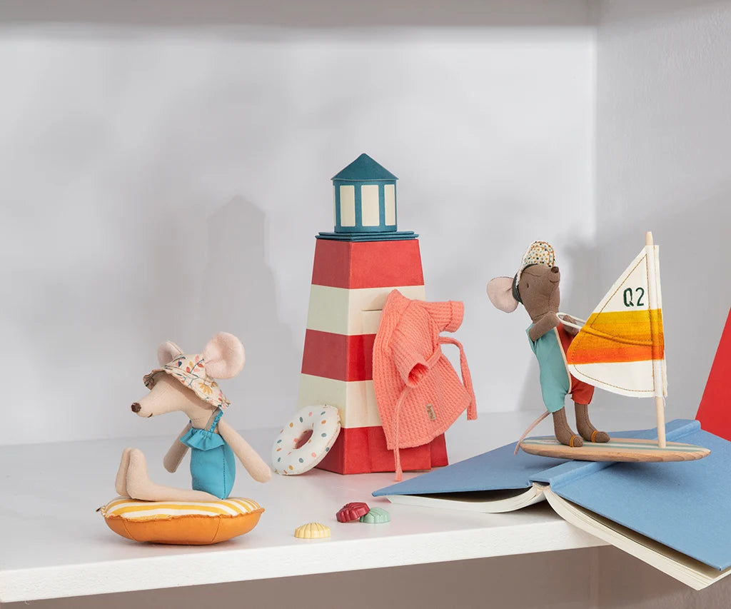 Maileg Mum & Dad Mouse in coral bathrobes lounging seaside with nautical decor, by Bungalow Furniture & Accessories.