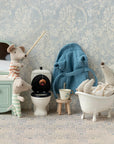 Toy mice in Maileg Dusty Blue bathrobe, cozy bath time scene; Bungalow Furniture & Accessories playful style.