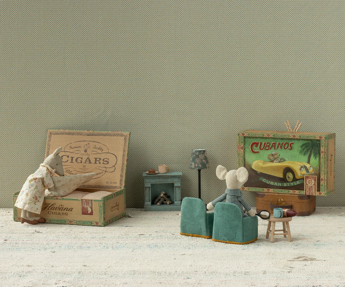 Maileg Grandma & Grandpa Mice in cigar box with miniature furniture, cozy room scene, by Maileg for Bungalow Furniture.