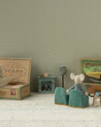 Maileg Grandma & Grandpa Mice in cigar box with miniature furniture, cozy room scene, by Maileg for Bungalow Furniture.