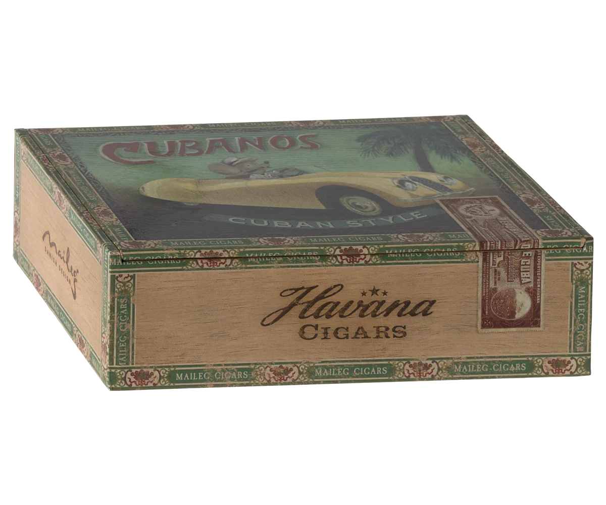 Wooden cigar box with vintage mice artwork on lid, Maileg Grandma & Grandpa set from Bungalow Furniture & Accessories.