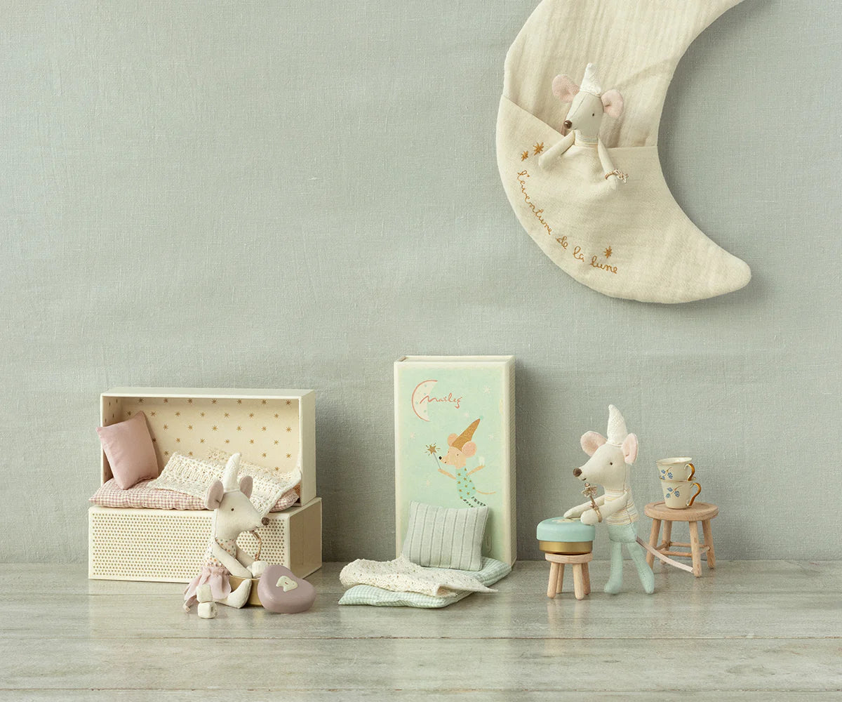 Maileg Tooth Fairy Mouse with small furniture and moon decor in a matchbox, perfect for nursery decor.