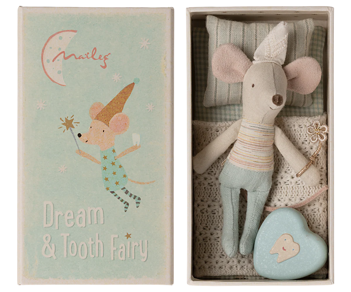 Maileg Tooth Fairy Mouse with crown in matchbox, includes tooth box and wand, Bungalow Furniture & Accessories.