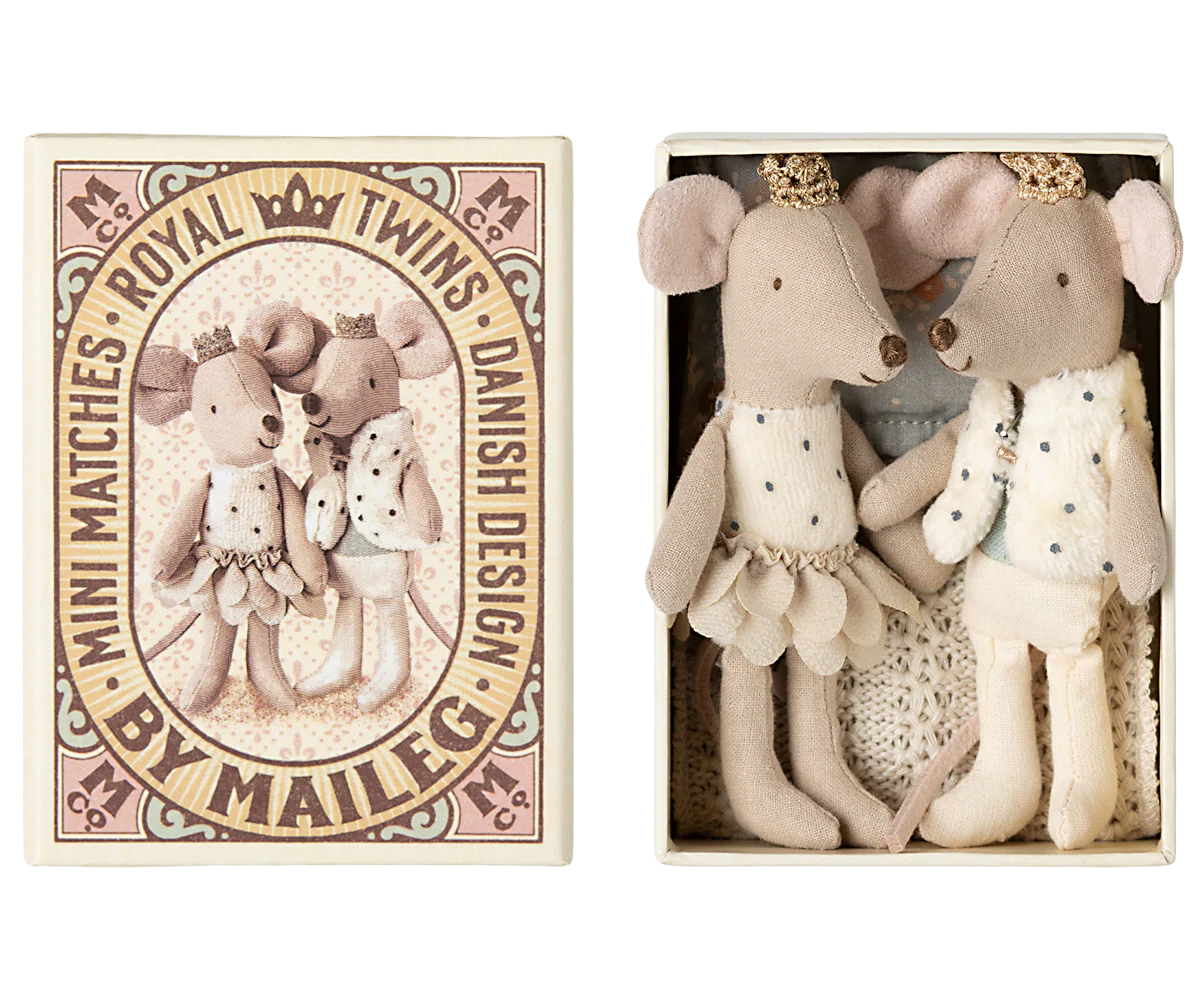 Two Maileg Royal Mouse plush toys, dressed as king and queen, lie in a decorative box. The left side shows an illustration of the royal twins and the text: "Mini Matches Royal Twins Danish Design by Maileg.