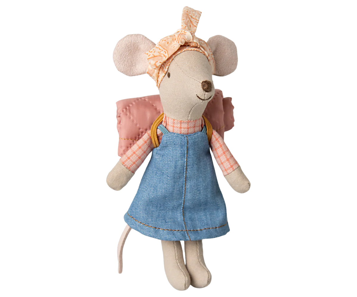 Maileg Hiker Mouse in blue dress, pink headscarf, and backpack from Bungalow Furniture & Accessories.