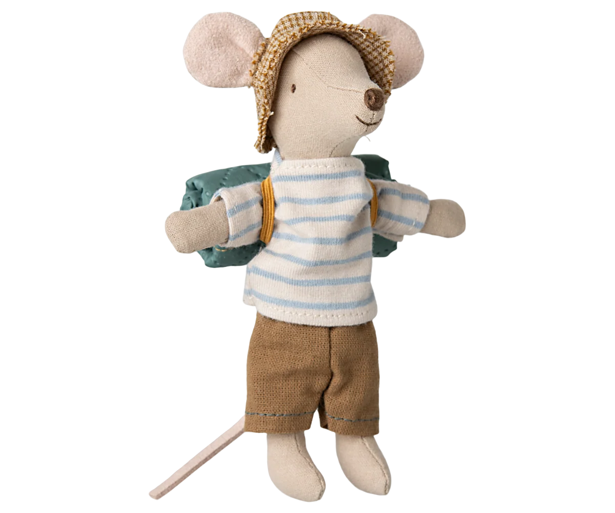Maileg Hiker Mouse in striped shirt, brown pants, hat and backpack; Maileg toy by Bungalow Furniture & Accessories.