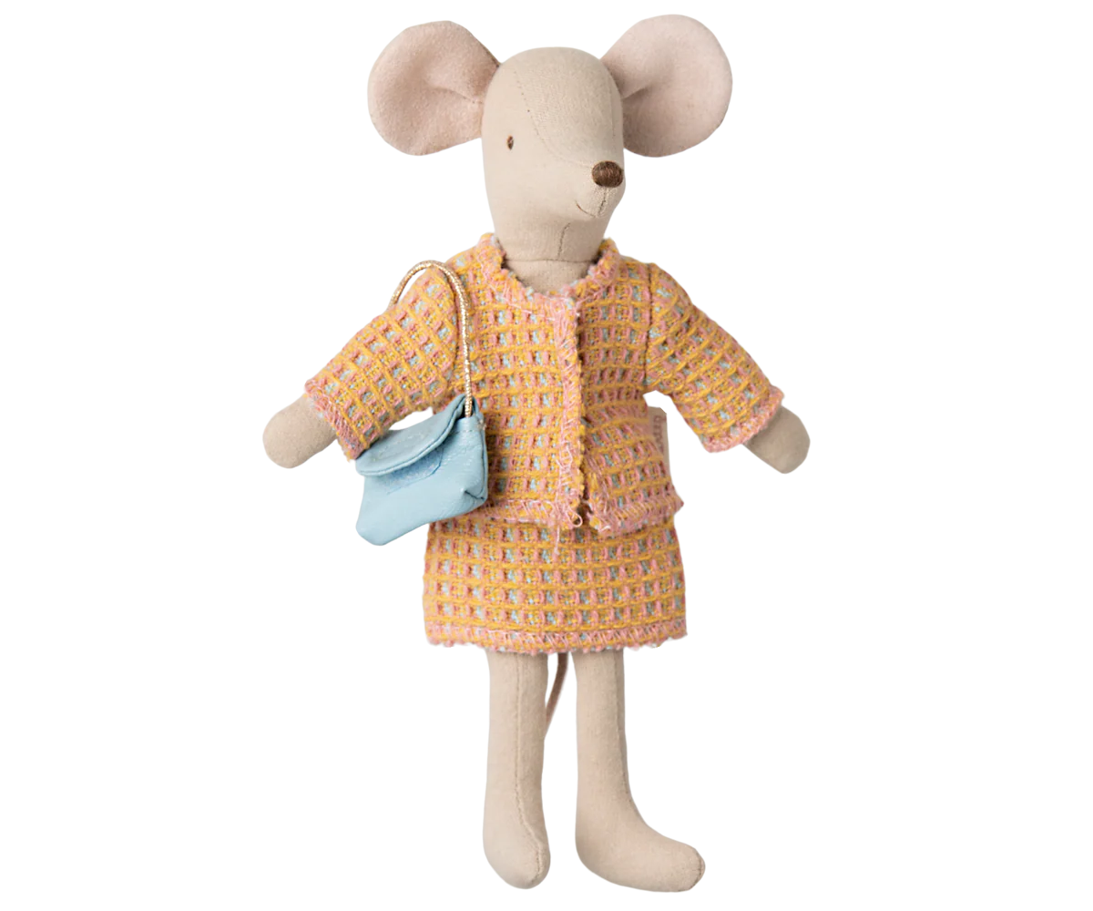 The Maileg Mum Suit by Maileg is a plush mouse toy in a yellow and pink plaid jacket and skirt, accessorized with a blue mouse lady bag. This charming mouse features round ears and a simple stitched face.