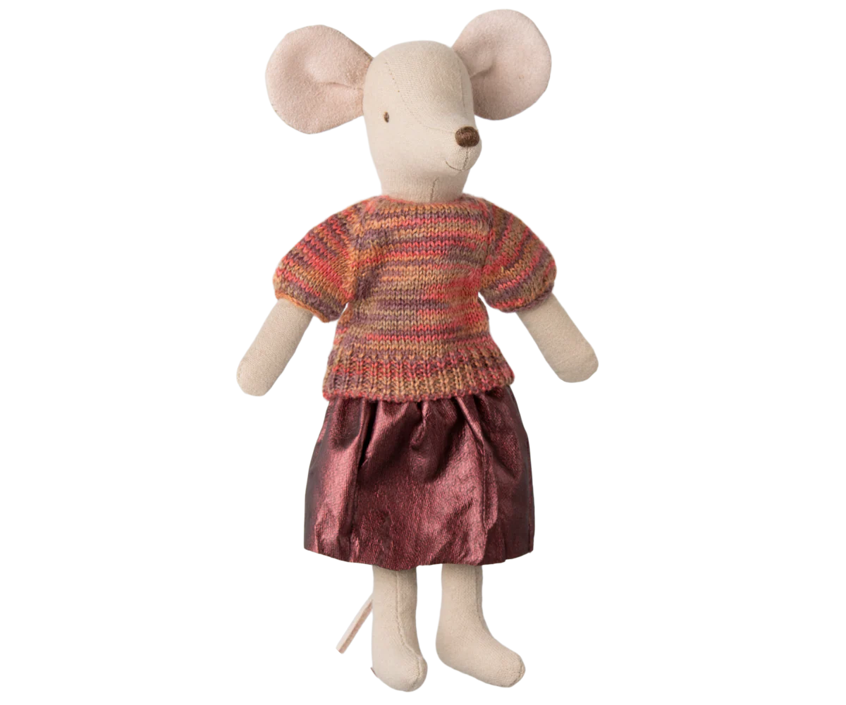 The Maileg Skirt & Knitted Blouse doll by Maileg features a fabric mouse with large pink ears, a stitched nose, and dressed in a knitted blouse and shiny pink skirt, standing upright against a white background.