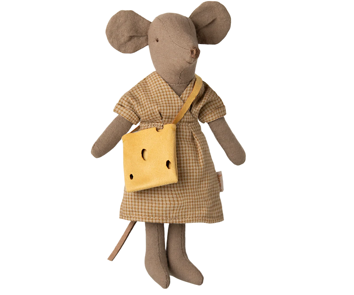 Maileg Mum Mouse in yellow checked dress holding cheese bag, Maileg doll, perfect for playrooms and nurseries.