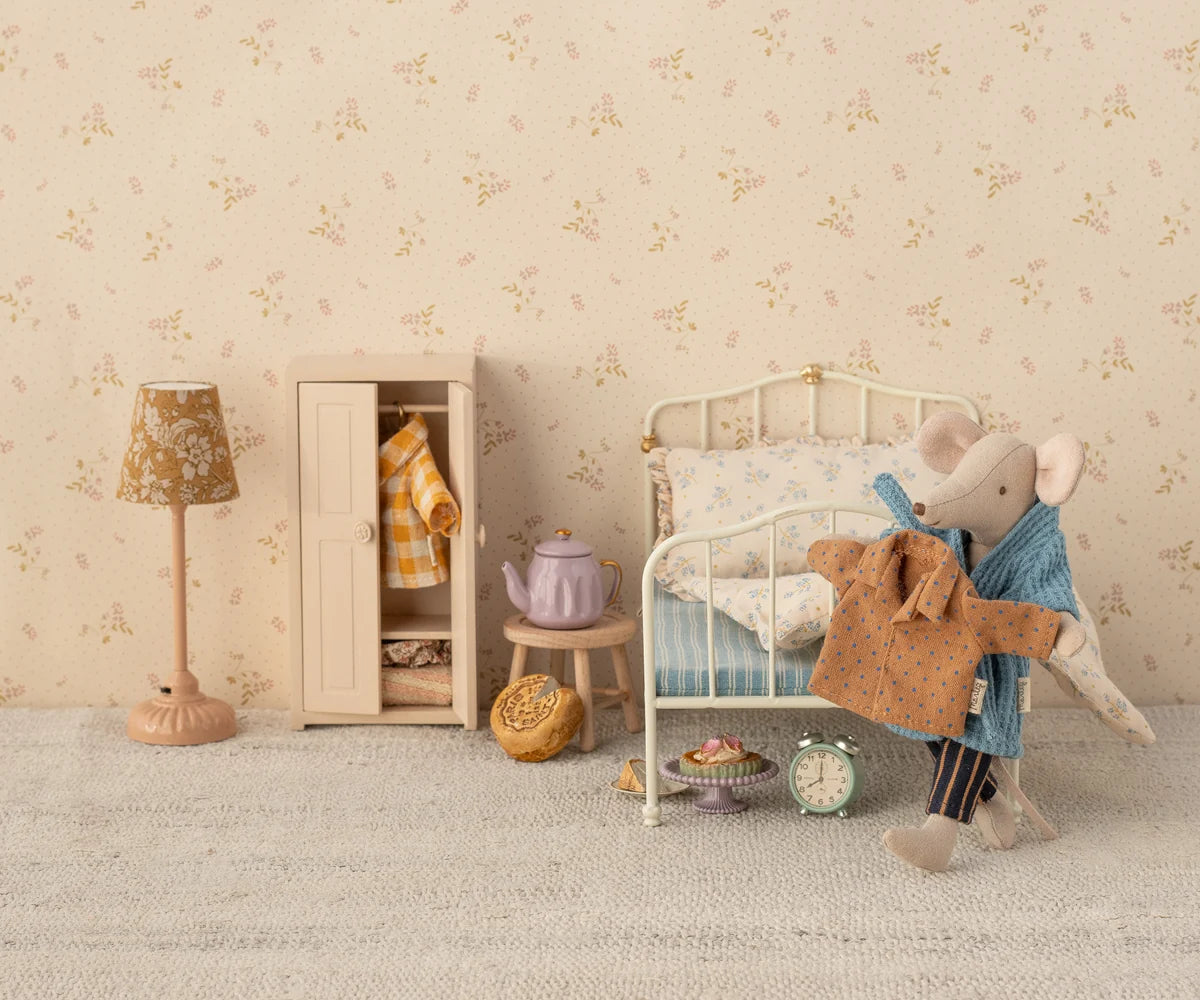 Maileg Dad Mouse in striped pants and shirt adds cozy charm to a playroom scene with bed, wardrobe, and accessories.