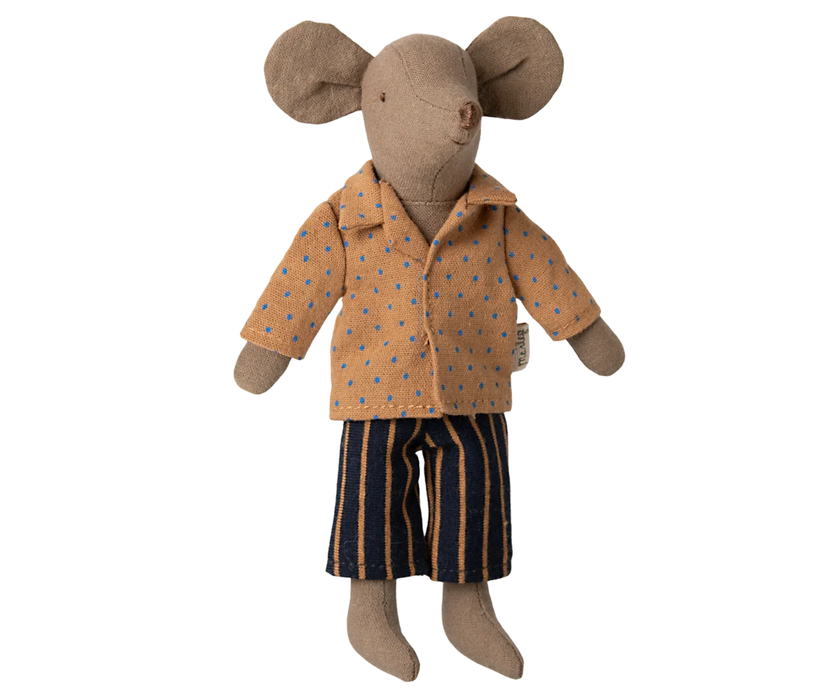 Maileg Dad Mouse doll wears a shirt and striped pants, by Maileg, displayed on a simple white background.