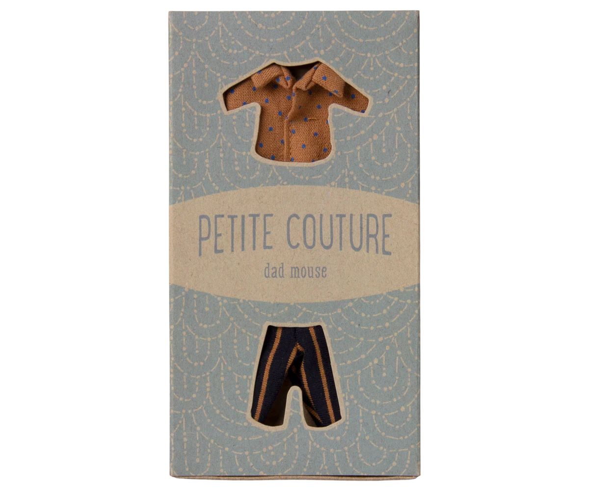 Maileg Dad Mouse in striped pants and polka-dot shirt, displayed in a windowed gift box labeled by the brand.