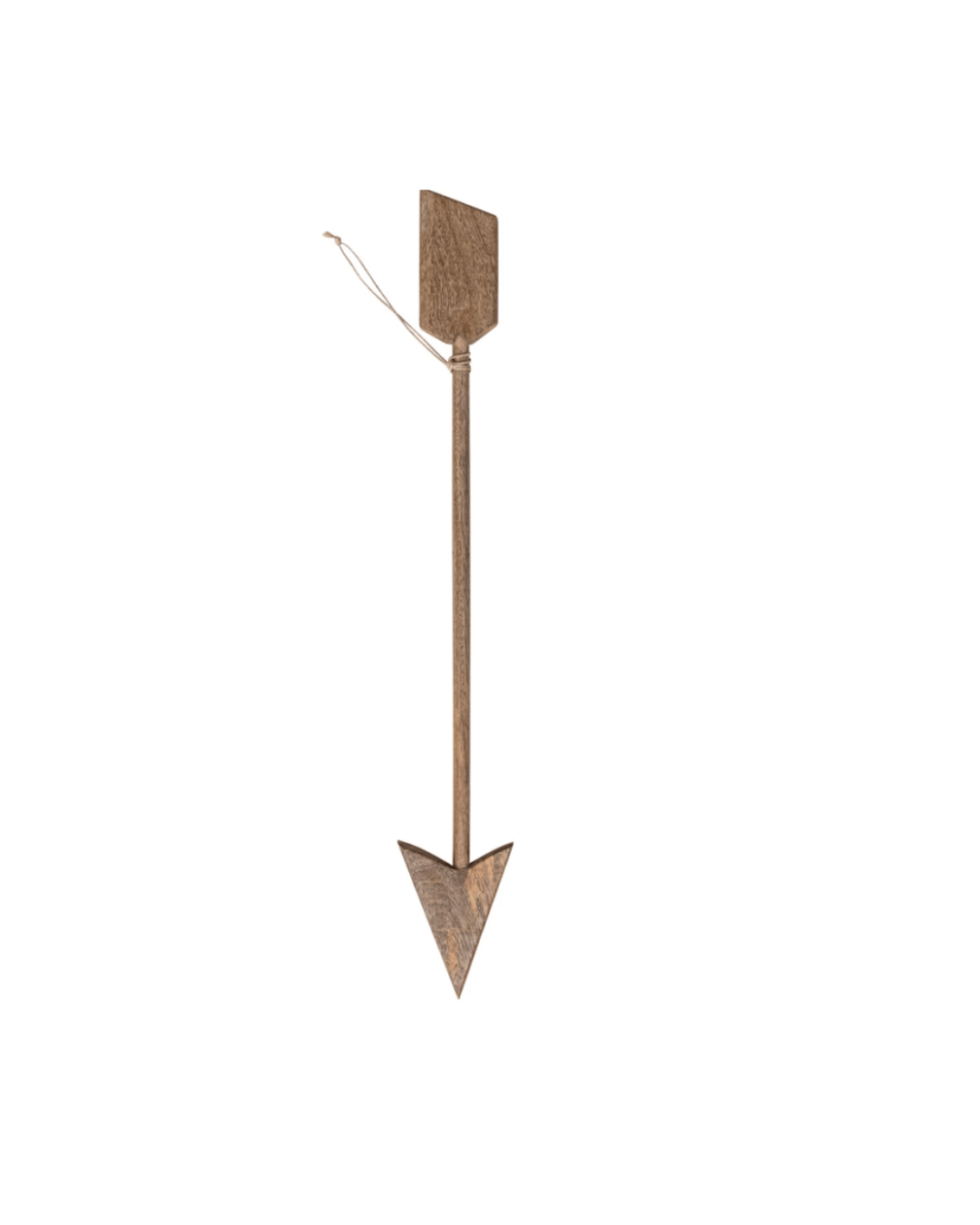 The Creative Co-op Mango Arrow is a 20-inch carved mango wood arrow with a string near the tail, pointed triangular tip, and flat rectangular fletching, isolated on a white background.
