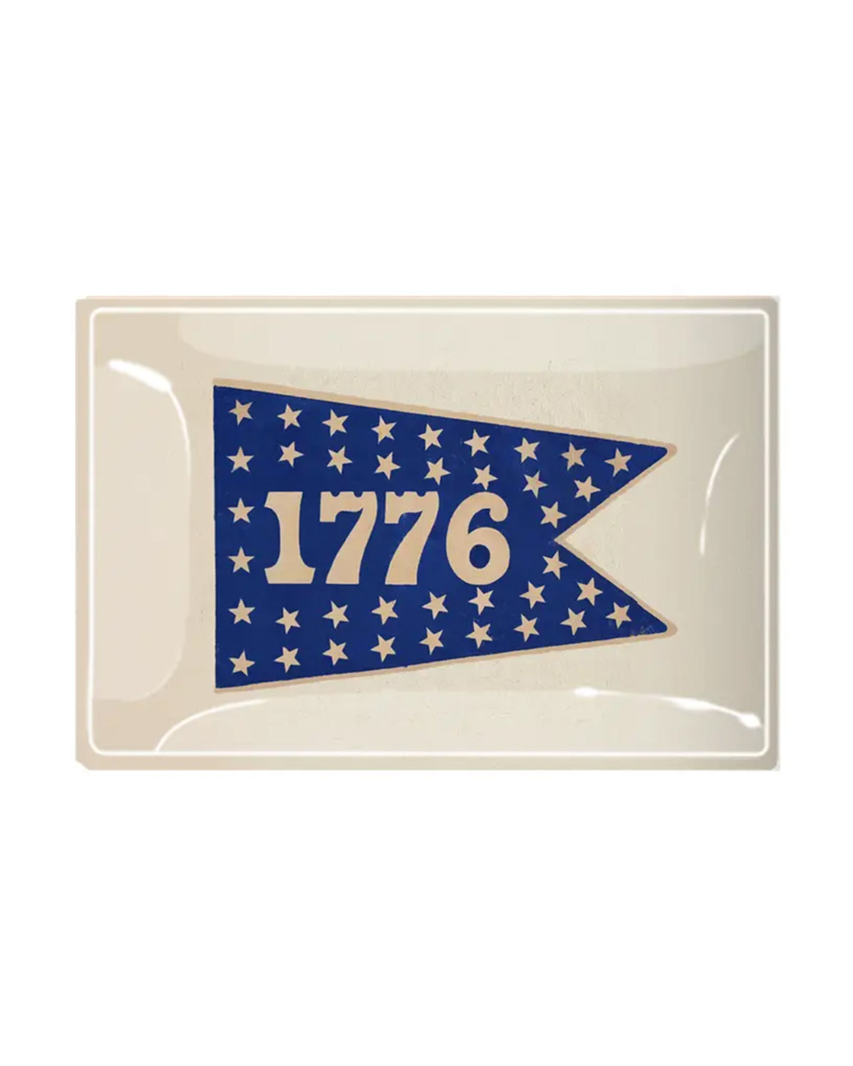 The Faire 1776 Pennant Glass Tray is a rectangular white tray featuring a vintage-style pennant adorned with white stars and bold "1776" numerals at the center, celebrating American heritage.