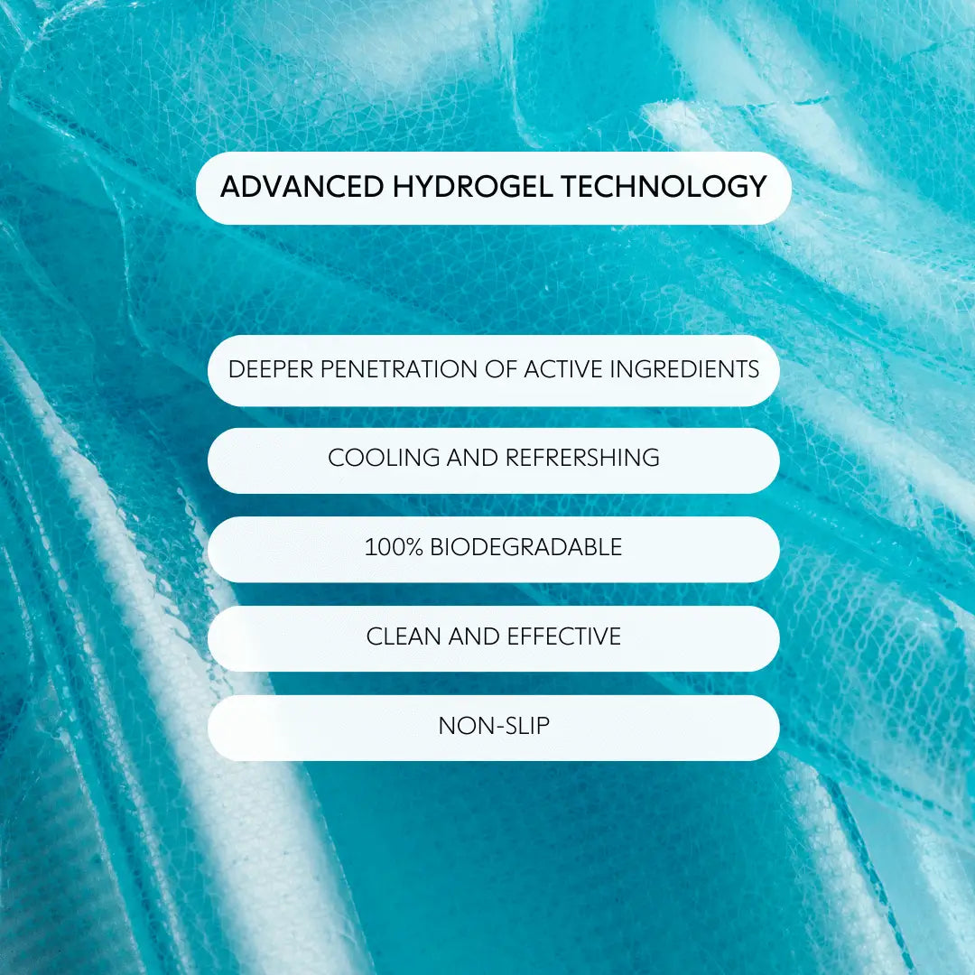 Text reads: “Faire Hyper Eyes Mask with advanced hydrogel for deeper active ingredient penetration under eyes. Cooling, depuffing, non-slip, clean formula. 100% biodegradable.” Background shows a close-up of blue hydrogel material.