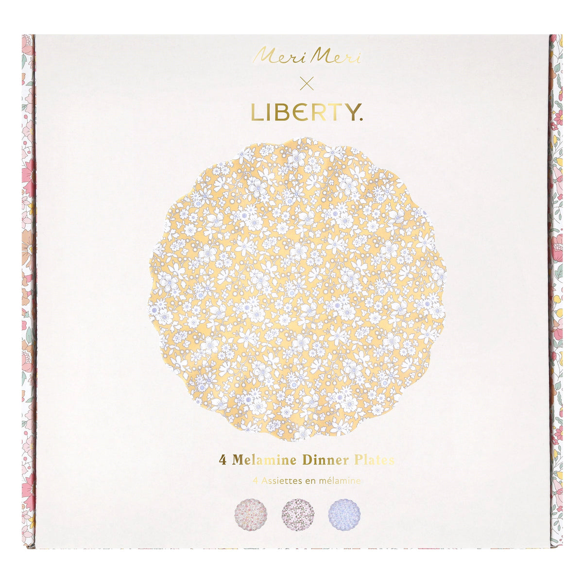 Set of four floral reusable plates in a decorative box by Meri Meri x Liberty, dishwasher-safe, Bungalow Furniture.
