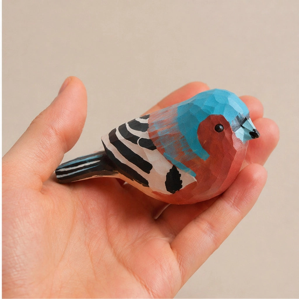 Blue hand-painted carved wood bird with rustic red, black, and white details by Faire.