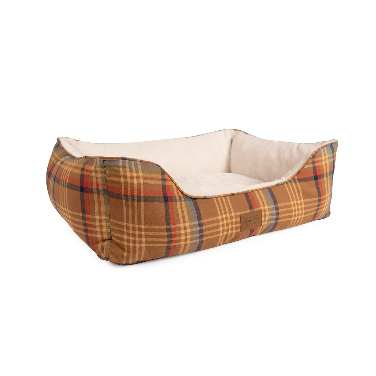 Rectangular Pendleton plaid and cream faux fur Kuddler bolster dog bed.