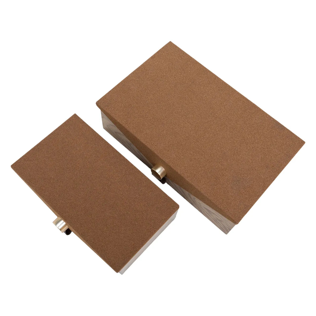 Harriett Box storage boxes in fabric with textured brown wood-grain lids and brass-toned knobs by Bungalow Furniture.