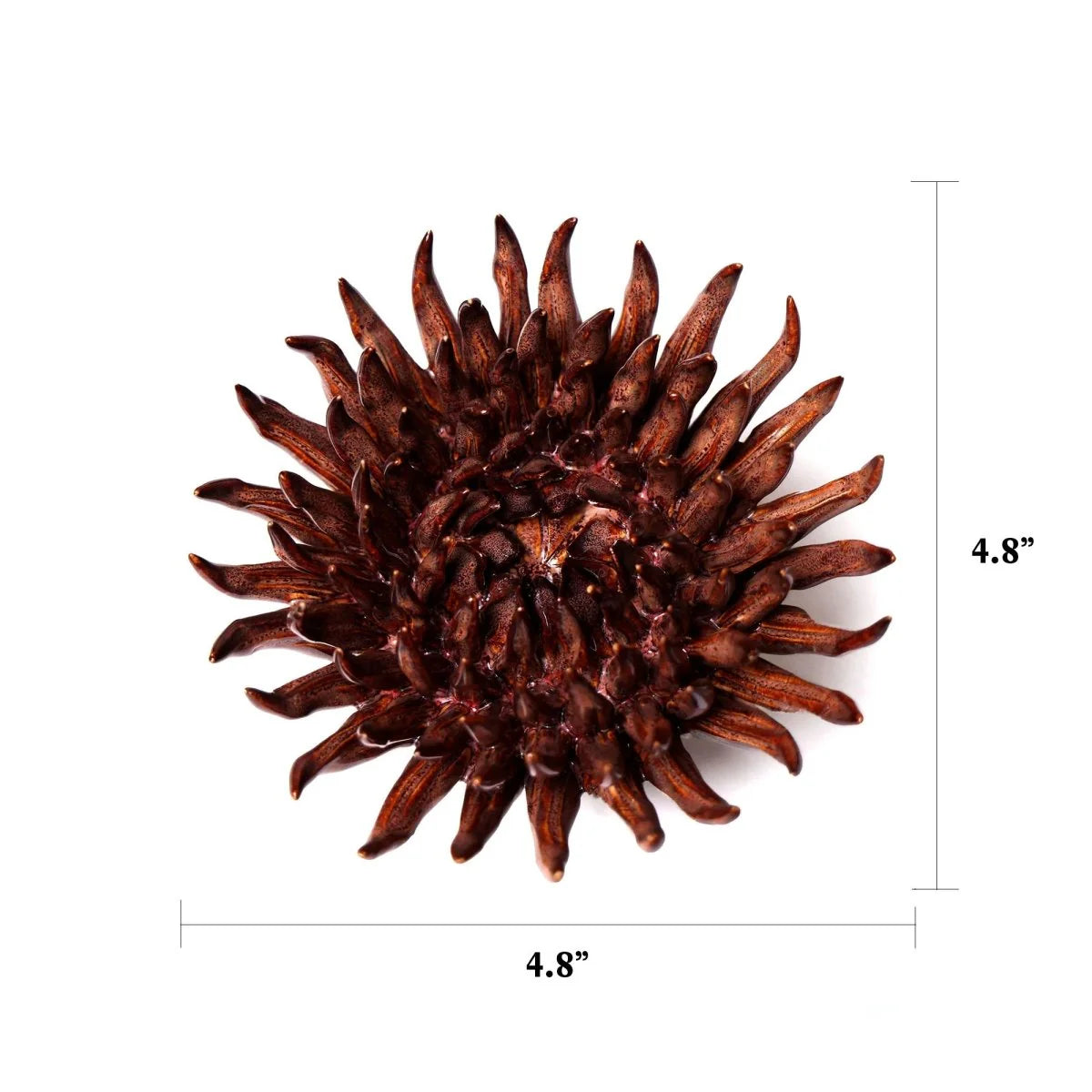 Chocolate Mum ceramic flower in dark brown with spiky, elongated petals, 4.8-inch measurement.
