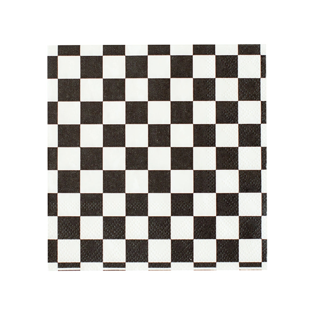 Check It! Cocktail Napkins by Faire feature a bold black and white checkerboard pattern, perfect for skater shoe party supplies. These napkins add a striking accent to your table with their evenly spaced alternating squares.