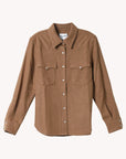 The KUJTEN Lumber L/S Shirt is a brown long-sleeve button-up with two front chest pockets, snap buttons, and a pointed collar, offering a structured look ideal for layering over women's sweaters or cashmere. Shown on a plain light background.