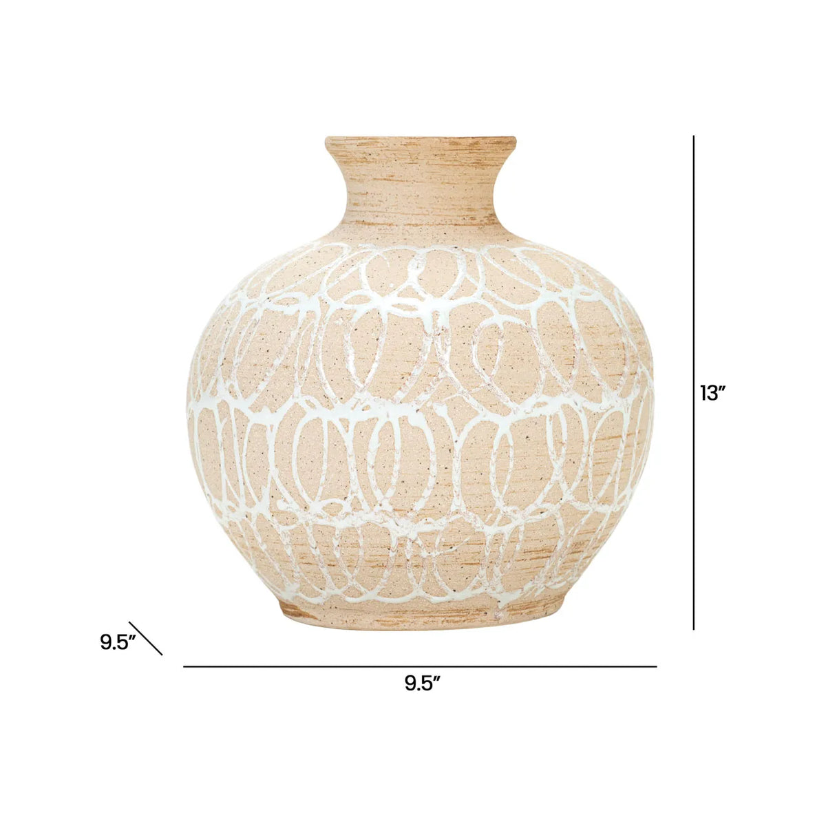 The Import Collection’s Presden Tall Vase is a round beige stoneware vessel with a narrow neck and white swirl pattern, ideal for modern decor. It measures 13" tall and 9.5" wide at the base and middle.