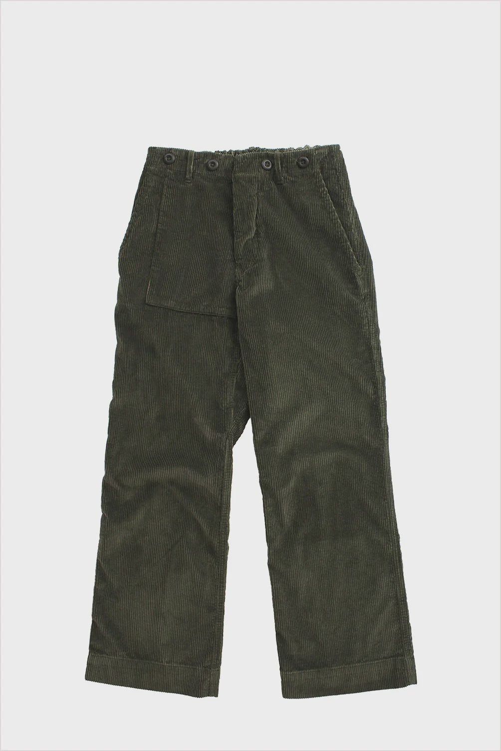 Olive green cashmere-blend French corduroy pants with button front and patch pocket from Bungalow Furniture &amp; Accessories.