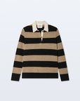 The White + Warren Cashmere Rugby Stripe Polo features wide black and tan stripes, a white collar, and a buttoned placket for classic, long-sleeve style and comfort.
