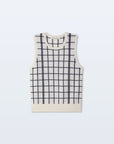 The White + Warren Cashmere Windowpane Vest is a sleeveless, cream piece featuring a black windowpane pattern, shown on a light background.