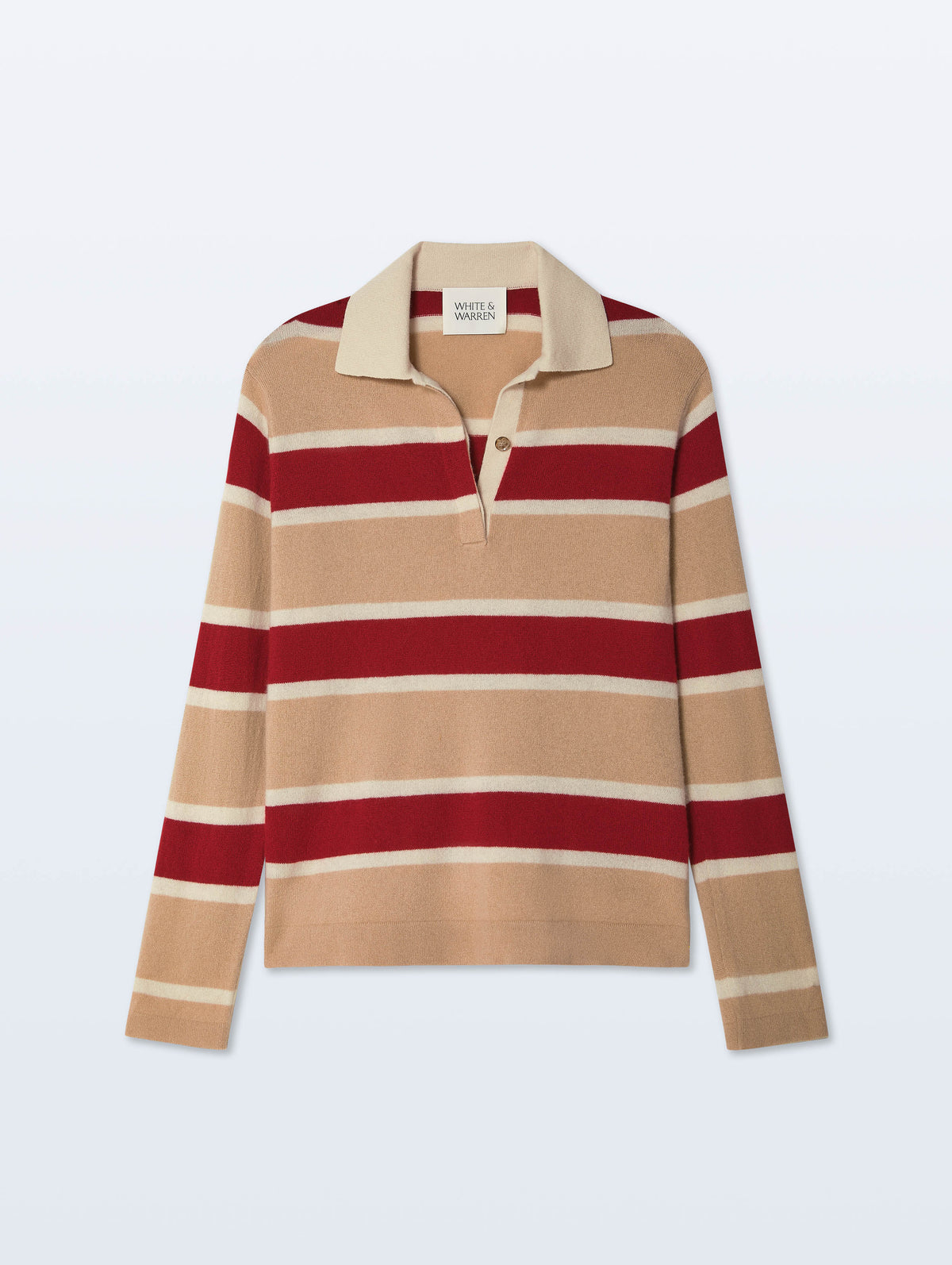 Camel and cream cashmere rugby stripe polo with contrast collar by White + Warren, flat laid on white background.