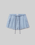 The este drawstring short in capri stripe by Citizens Of Humanity/AGOLDE features light blue and white vertical stripes, an elastic waistband, navy drawstrings, and side pockets. Shown on a plain light gray background—perfect for everyday comfort.