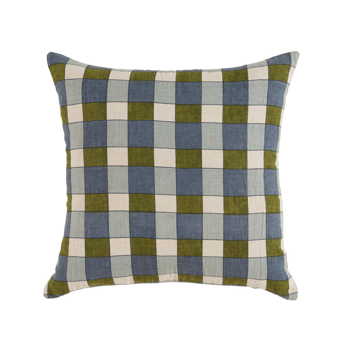 The Ezra Pillow by Faire features a soft linen cover with an olive green, blue, and off-white checkered grid—offering a simple, modern look that adds stylish comfort to any space.