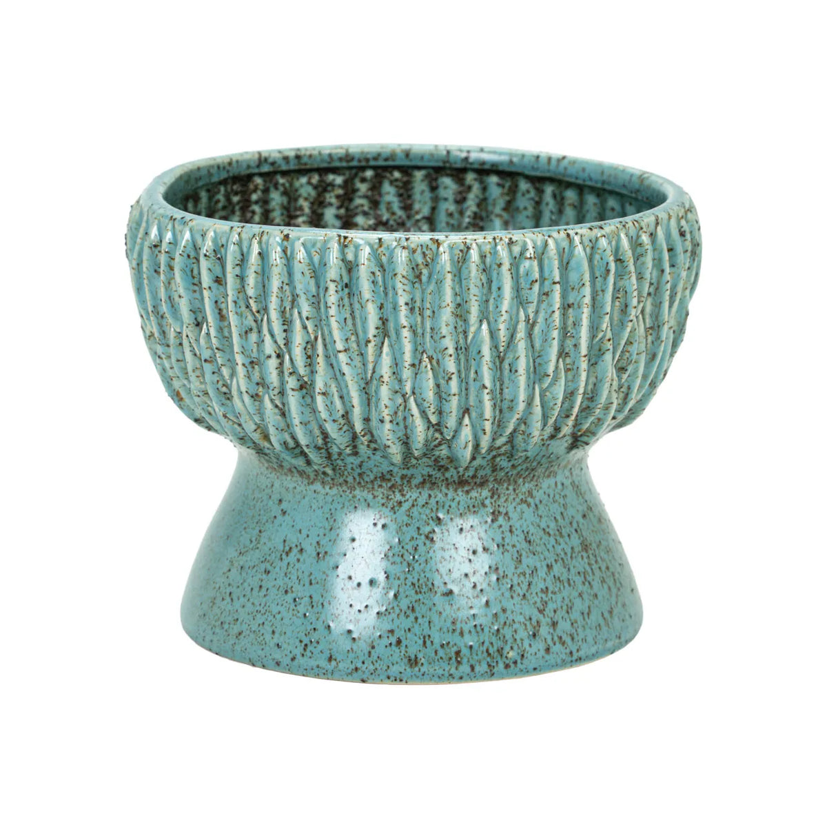 The Norlin Bowl by The Import Collection is a blue-green ceramic planter featuring a raised leaf-like pattern, speckled finish, wide round opening, and flared narrow base—ideal for tabletops or stylish decor accents.
