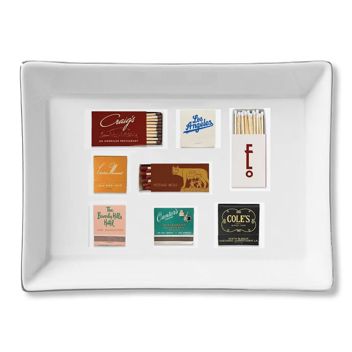 Ceramic tray in Matches LA color by Faire, holding 8 neatly organized matchbooks, perfect for gifting.