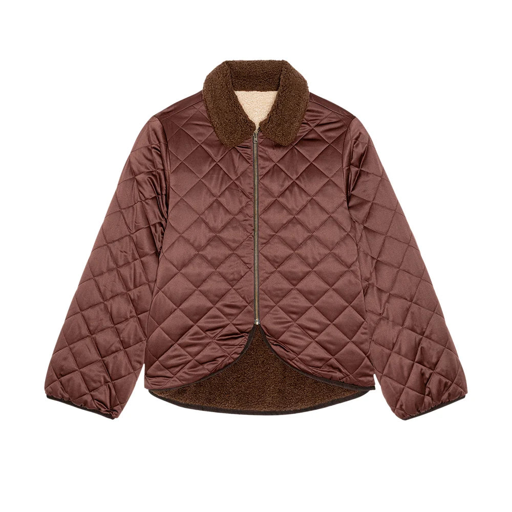 Reversible jacket with sherpa collar, zipper, curved hem, and wide sleeves by The Great Inc.