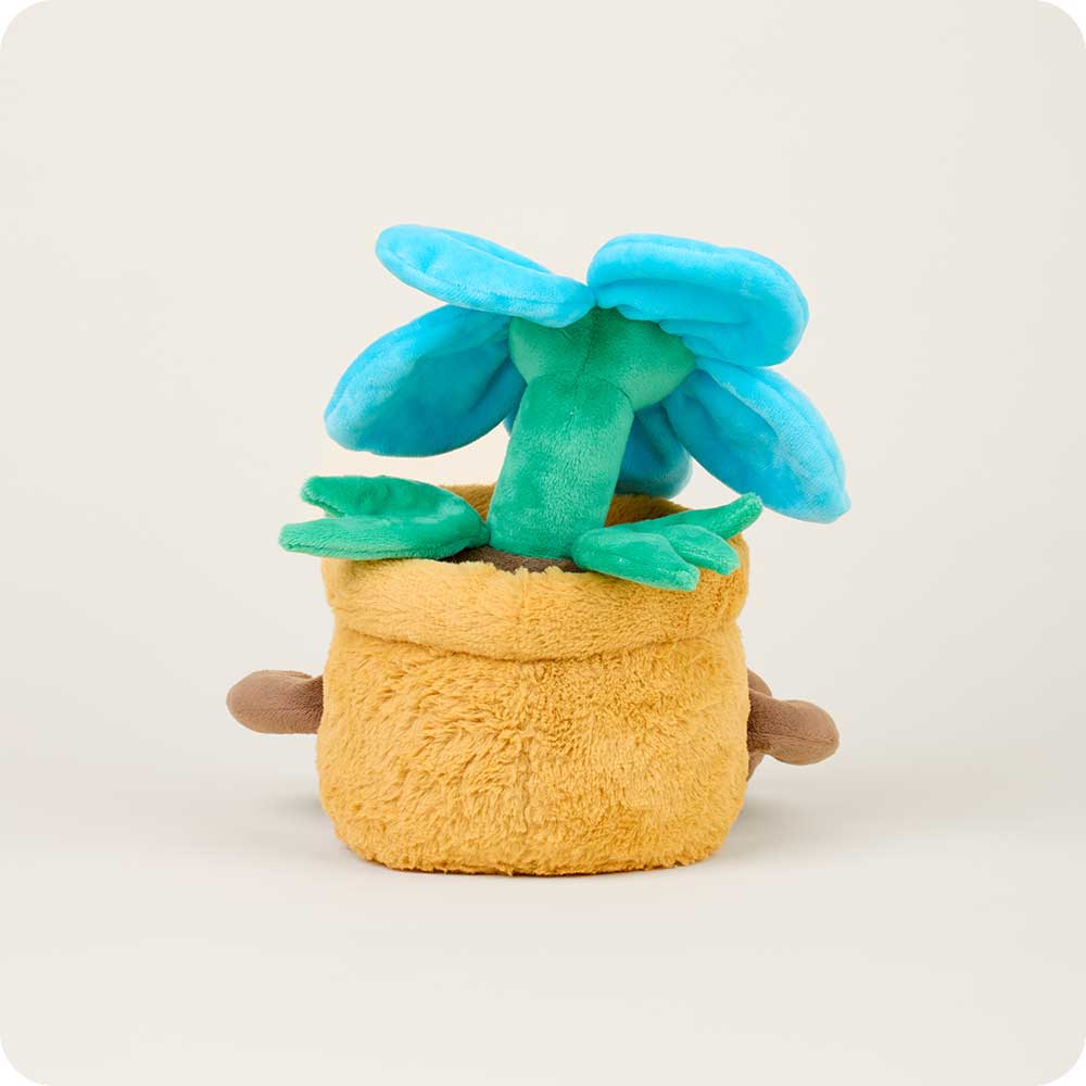 The Faire Blue Flower Pot Warmies is a microwavable plush shaped like a yellow pot with a blue and green flower—all in soft fabric—ideal for cozy comfort.