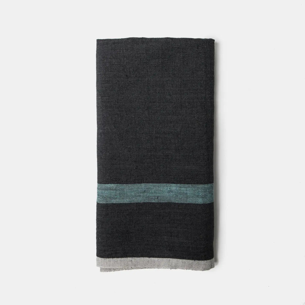 The Faire CH Tea Towels S/2 showcases a dark gray folded tea towel with a teal stripe near one end and a light gray accent along the bottom edge, inspired by Antibes style, displayed against a plain white background.
