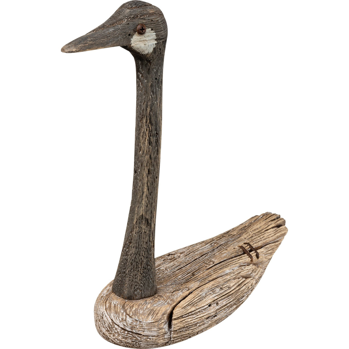 Large Goose Sitter figurine in weathered driftwood with a rusty metal screw eye from Bungalow Furniture &amp; Accessories.