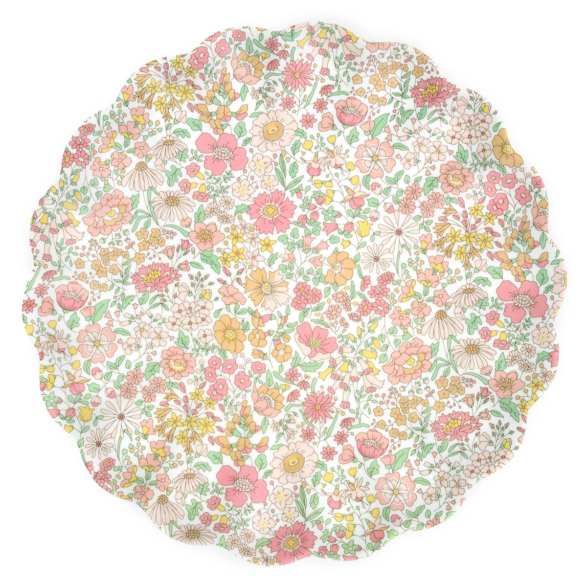 Large reusable plate with pastel floral print, Meri Meri x Liberty for Faire, dishwasher safe.