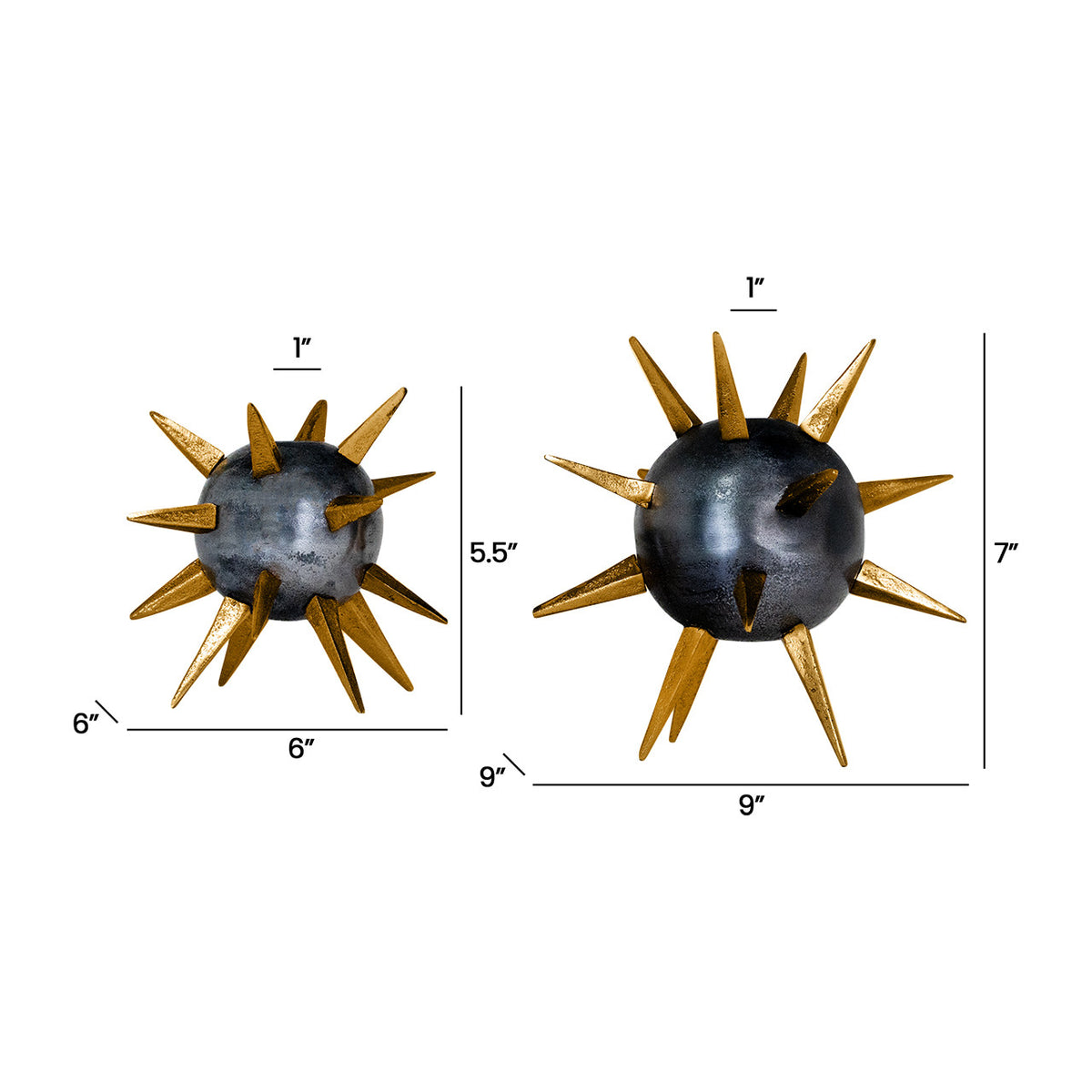 The Import Collection Punk Candleholder features two spiky metallic spheres with gold spikes, sized 6"x5.5" and 9"x7". These bold accents add industrial flair to any space. Measurements shown.